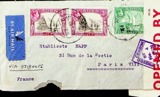 Aden Arabia 1940 3v On Airmail Censored Cover To Paris France