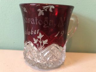 Vtg Antique Ruby Red Flash Glass Souvenir Mug/cup Saratoga Ny 1911 Mamie✔️