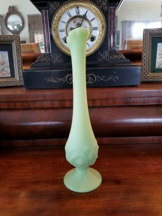 Fenton Green Satin Custard Uranium Glass - Water Lily Vintage Bud Vase 10 "