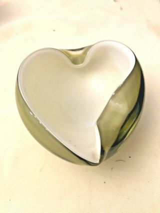 Mid - Century Modern Green Cased Art Glass Heart - Shaped Bowl.