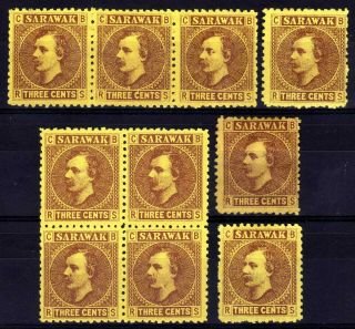 Sarawak 1871 Sir Charles Brooke 3c Brown Selection,  10 Stamps,  Sg 2