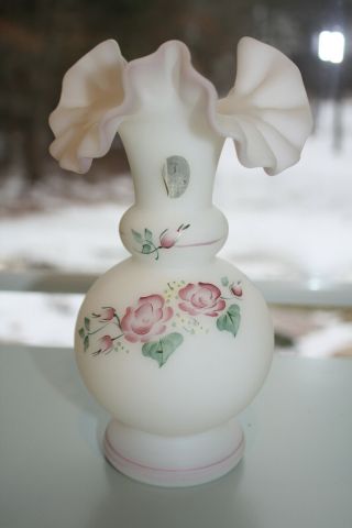 Vintage Fenton White Satin Glass Hand Painted Vase Artist Signed