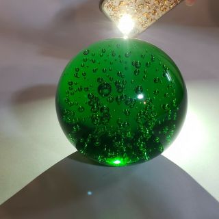 Gorgeous Hand Blown Green Glass Ball Paperweight With Controlled Bubbles
