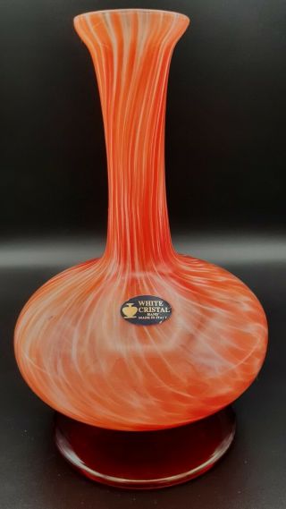 Vintage White Cristal Glass Vase Hand Made In Italy Orange And White Swirl Decor