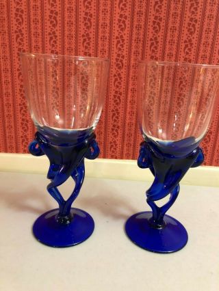 2 Hand Blown Wine Water Glasses Cobalt Blue 12 Oz,  7 3/4 H,  3 3/8 H Pre - O