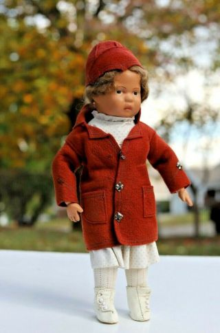 Antique Schoenhut Jointed Wood Doll With Hair And Felt Coat And Hat,  Repainted