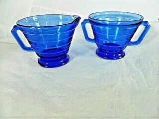 Cobalt Blue Modern Tone Sugar Bowl Creamer,  Hazel Atlas Vintage Depression Glass