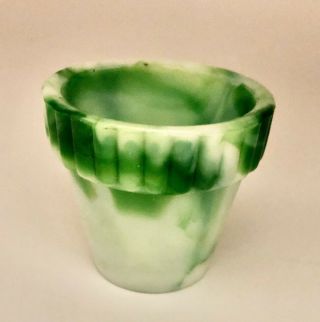 Vintage Akro Agate Flower Pot Slag Glass Green & White W Ribbed Edge 2.  5 "