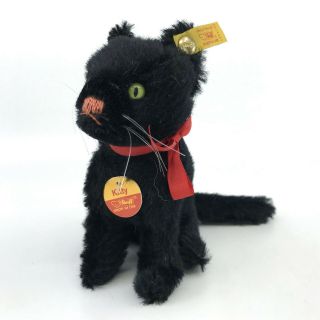 Steiff Kitty Black Cat Sitting Mohair Plush 12cm 5in Id Button Tags 1990 Vintage
