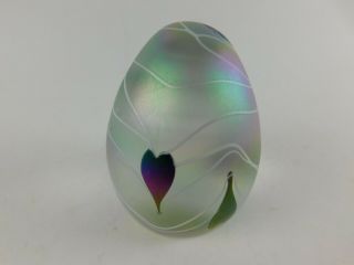 Vintage Art Glass Hand Crafted Egg Paperweight With Etched Leaf Design,  Ec