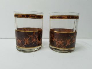 2 Vintage Georges Briard Brown Faux Marble Gold Double Old Fashioned Glasses Euc