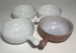 4 Vintage Glassbake Pink & White Milk Glass Soup Bowls With Handles