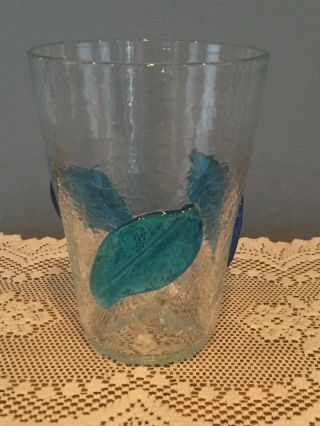 Blenko 366 Clear Crackle Glass Vase With Applied Blue Leaves