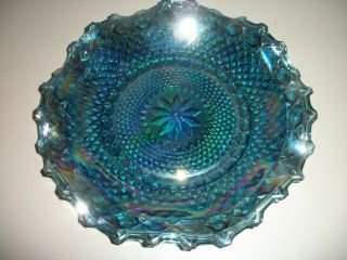 Vintage 10 " Blue Iridescent Carnival Glass Plate/dish W/diamond Point Ruffle