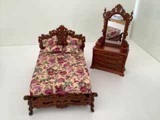 Dollhouse Miniatures Bespaq Furniture Walnut Bedroom Set,  Bed And Dresser 1:12