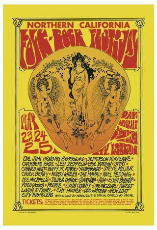 Jimi Hendrix & Led Zeppelin At Folk - Rock Festival Concert Poster 1969 13x19