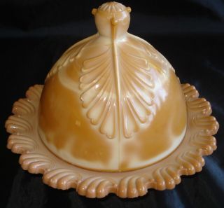 Antique Chocolate/caramel Slag Glass Covered Butter/cheese Dish Greentown “leaf