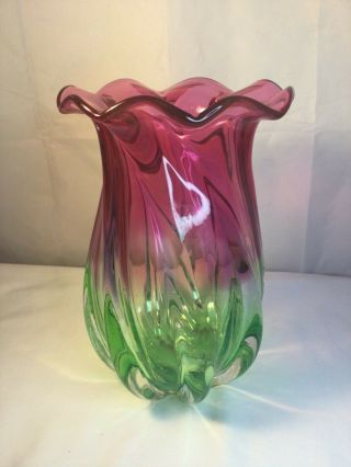 Vintage Green Cranberry Pink Swirl Vase Hand - Blown Art Glass 7.  5”
