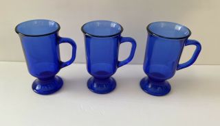 Anchor Hocking Cobalt Blue Irish Coffee Mugs Glasses Footed Set Of 3