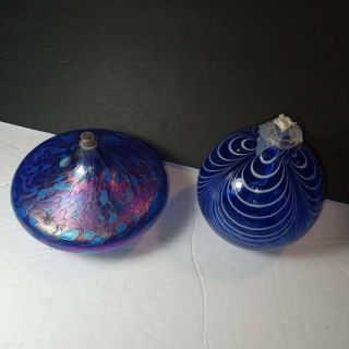 Set Of 2 Blown Art Glass Blue Iridescent Glass Oil Lamps Vintage Stunning
