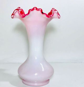 Vintage Fenton White & Pink Cased Silver Crested Crimped Ruffle Edge Vase