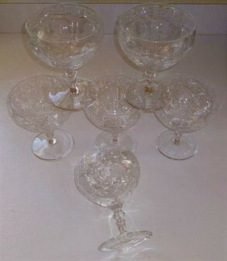 Set Of 6 Vintage Cut And Etched Floral Crystal Coupe Glasses