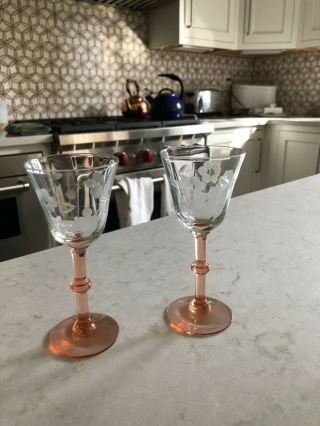 Vtg Set Of 2 Pink Stemmed Depression Glass Etched Floral Glasses - Cordials