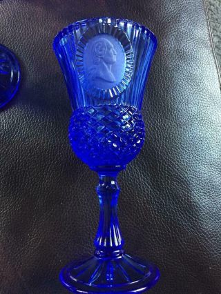 Fostoria Cobalt Blue George & Martha Washington Glass Goblets Set Of 2