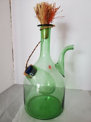 Vintage Hand Blown Italian Glass Wine Decanter With Ice Chamber Raffia Stoppers