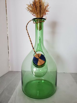 Vintage Hand Blown Italian Glass Wine Decanter with Ice Chamber Raffia Stoppers 2