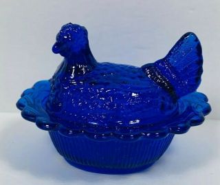 Vtg Mosser Cobalt Blue Miniature Hen On Nest Hon Trinket Salt Bowl Covered Dish