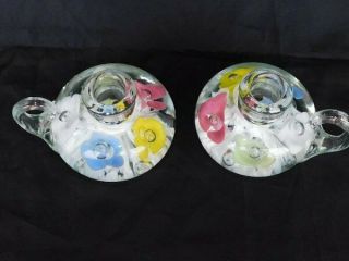 Vtg Pr Joe St Clair Multi Color Trumpet Flowers Glass Paperweight Candle Holders