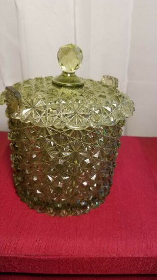 Fenton Glass Colonial Green Daisy & Button Covered Candy Jar W Notched Lid Usa