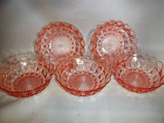 Set/ 5 Vintage Pink Depression Glass Scalloped Edge Berry Bowls,  Cube Pattern