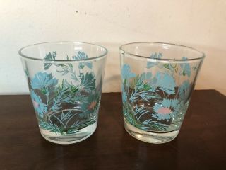 2 Vintage 50s Mid Mod Mcm Aqua Blue Green Pink Flower Lowball Juice Glasses