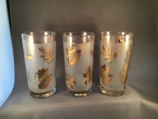 Vintage Retro Set Of 3 Libbey Golden Foliage Glass Frosted Flat12oz Tumblers