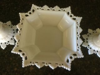 Vintage 10 In.  Westmoreland White Milk Glass Candy Dish And Two Candleholders