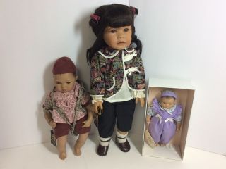 3 Asian Heidi Ott Vinyl Girl 19”,  13” & 8” Dolls - Made In Switzerland,  Box,