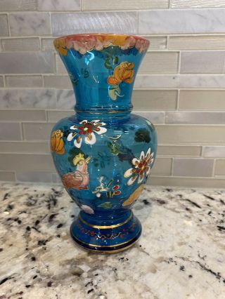 Bohemian Czech Cobalt Blue Hand Painted Art Glass Vase 6 1/4 "