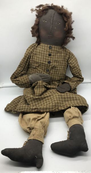 Large Antique Folk Art Black Americana Rag African American Girl Doll Handmade