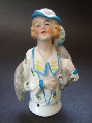 C - 38 German Porcelain Flapper Half Doll With Silver Fox Stole