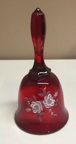 Vintage Fenton Ruby Red Glass Bell White Roses 6 1/8 " High Signed Hand Painted