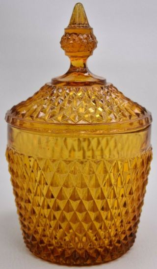 Vintage Indiana Glass? Amber Diamond Point Covered Candy Dish Heavy 10 " Tall