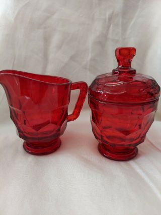 Ruby Red Sugar And Creamer By Viking Glass,  Georgian Pattern Vintage