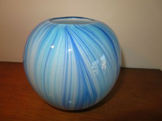 Round Art Glass Vase Bowl Blue And White Swirls 6in Tall 6 In Diameter