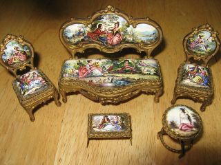 Dollhouse Miniatures,  Antique Porcelain And Gold Plated Furniture.  5 Piece Set