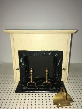 Antique Vintage Dollhouse Tynietoy Faux Marble Fireplace And Accessories