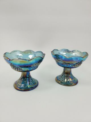 Blue Indiana Carnival Glass Taper Candle Holders Set Of 2 Grape Leaf Pattern