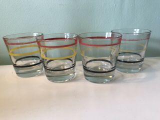 Vintage Mcm Lowball On The Rocks Glasses Red Yellow & Black Rings Set Of 4
