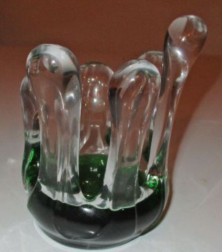 Unique Hand Blown Kosta Boda Sweden Glass Candle Holder Clear w/Green Base Finge 3